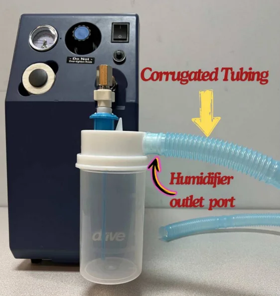 Corrugated tubing connected to the Humidifier bottle outlet